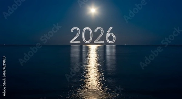Fototapeta 2026 Vision: A luminous nightscape features the year 2026 elegantly positioned atop a calm sea, illuminated by the celestial glow of the moon. A striking display of time and tranquility.