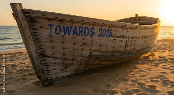 Fototapeta Towards 2026: A weathered boat rests on a sandy shore as the sun sets. The scene evokes feelings of contemplation and forward momentum. 