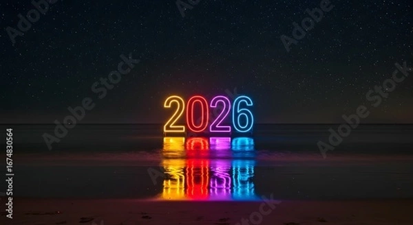 Fototapeta Illuminating 2026: Vibrant neon lights spell out the year 2026 reflecting on the water, sparkling brightly. The futuristic display reflects hope, capturing the spirit of the future.
