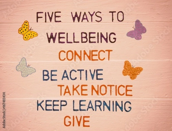 Fototapeta Five ways to well-being on pink wood panel background