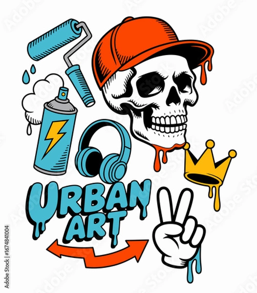 Fototapeta Vibrant urban art featuring a skull wearing a cap, surrounded by spray paint tools, headphones, and a crown, symbolizing street culture and creativity in color.