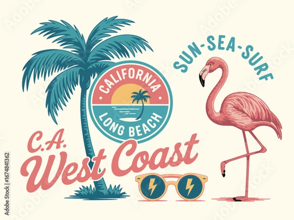 Fototapeta A lively illustration showcasing a palm tree and a flamingo, perfectly reflecting the essence of California's sunny beach lifestyle and vibrant West Coast culture.