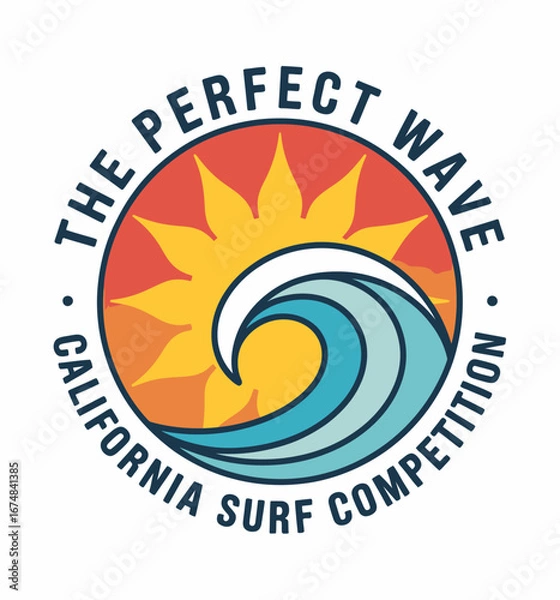 Fototapeta A dynamic logo showcasing a sun and wave, perfect for surf competitions. It resonates energy, joy, and the thrill of surfing, attracting enthusiasts to coastal events.