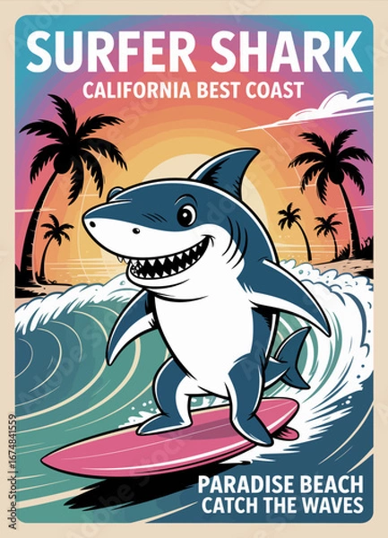 Fototapeta This illustration displays a cheerful surfer shark riding the waves at sunset, embracing beach culture and joyful times at Paradise Beach along California's coast.