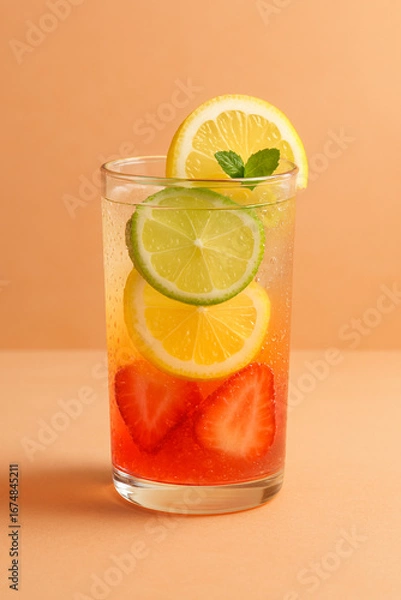 Fototapeta a layer of fruit infused with carbonated water in a glass cup