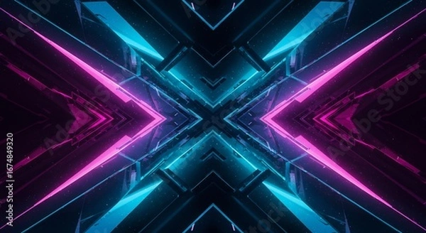 Fototapeta Vibrant neon lines sharply intersect creating a symmetrical futuristic abstract design. AI Generated