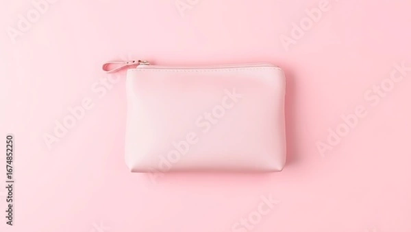 Obraz Pink cosmetic bag on soft pink background, flat lay with ample copy space.