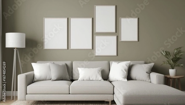Obraz Cozy modern living room interior with a comfortable sectional sofa adorned with plush pillows and a stylish gallery wall of blank canvases above