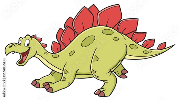 Fototapeta A cheerful cartoon Stegosaurus running with a happy smile. Cute and friendly prehistoric dinosaur character from the Jurassic period, isolated vector illustration