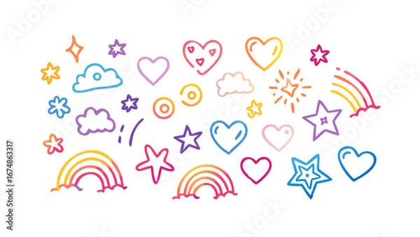 Fototapeta Rainbow stars hearts and clouds doodle icons doodles
