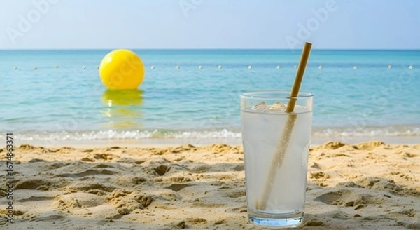 Fototapeta Refreshing Drink on Sandy Beach: A cool glass of clear beverage with a straw stands on the warm sands, the sparkling ocean and clear sky.