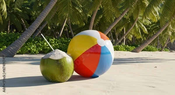 Fototapeta Seaside Leisure: A refreshing coconut with a straw and a colorful beach ball set against the backdrop of a sunny beach scene, inviting a sense of relaxation.