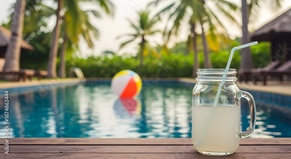 Fototapeta Summer Refreshment near Swimming Pool: A vibrant shot showcases a refreshing glass of drink with a straw, resting on a wooden deck, beside a crystal-clear swimming pool and a colorful ball.
