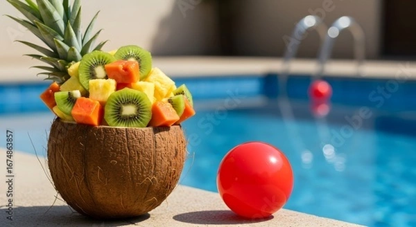 Fototapeta Tropical Fruit Bowl: A vibrant array of fresh fruit, including pineapple, kiwi, and papaya, artfully arranged in a coconut shell. Refreshing pool provides the perfect backdrop.