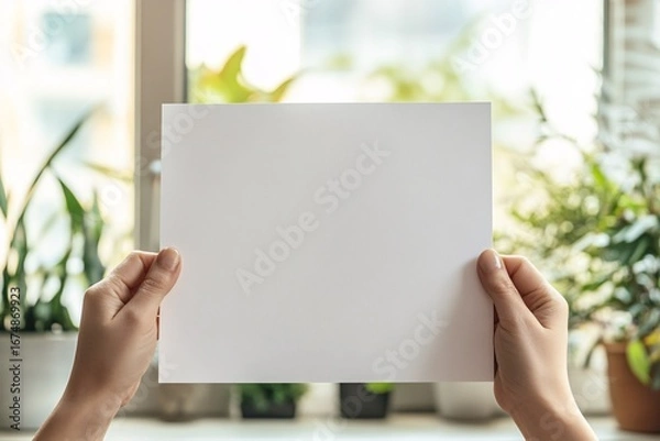 Fototapeta Hands hold blank white paper in front of a window with plants.