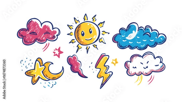 Obraz Cartoon weather elements with sun moon and clouds lightning