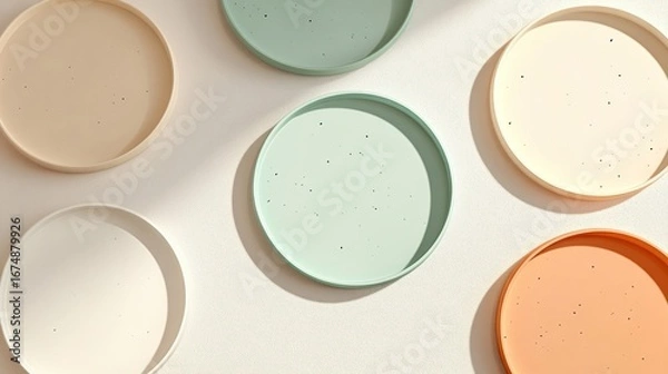 Fototapeta Pastel round trays on cream background flat lay