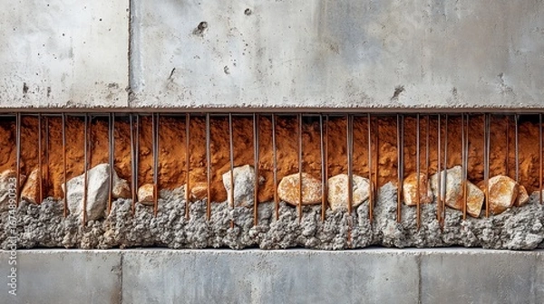 Obraz Exposed Concrete Facade with Aggregate, Reinforcement and Earthy Fills as a Feature Wall
