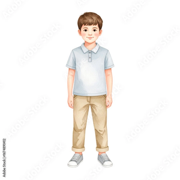 Obraz Watercolor Illustration of a Boy in a Light Blue Polo Shirt and Beige Pants.