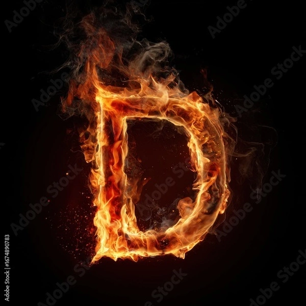 Fototapeta Letter D in Burning Flames on Dark Background – Realistic Fire Typography