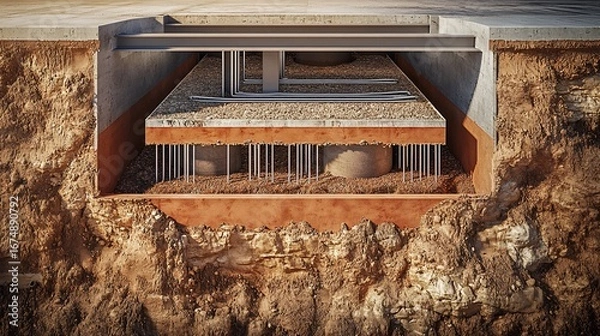 Obraz Cross-Sectional View of a Building Foundation and Ground Stabilization