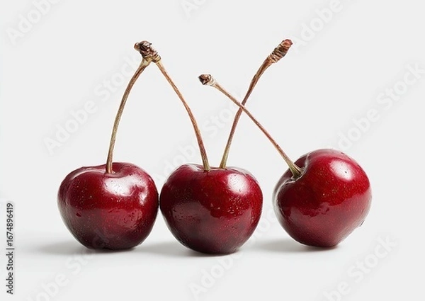 Fototapeta Three fresh, glossy cherries arranged in a row against a plain white background