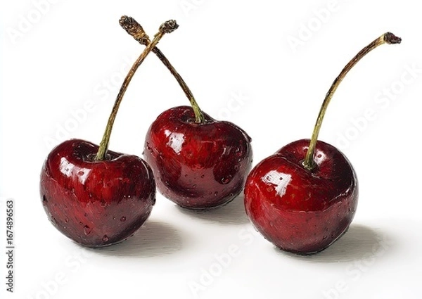 Fototapeta Three glossy cherries, deep red, with water droplets, on a white background