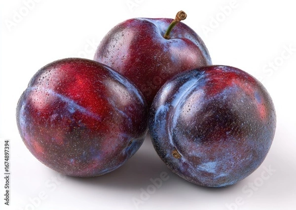 Fototapeta Three plump plums, vibrant purple-red, clustered close together, sit on a plain white background.  Each plum displays a mottled pattern of deep purple and reddish hues. A stem is visible on one plum