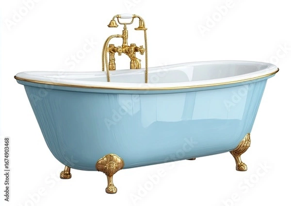 Fototapeta Light-blue claw-foot bathtub with gold fixtures