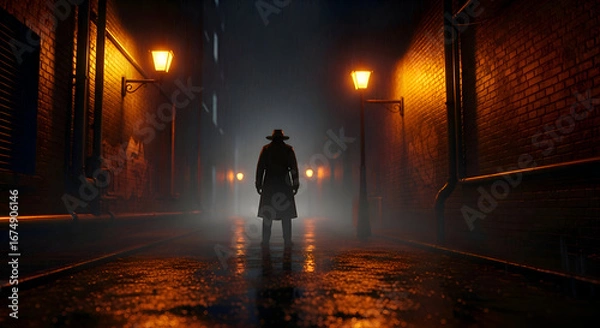 Fototapeta Man in Trench Coat Walking in Dark Alley at Night