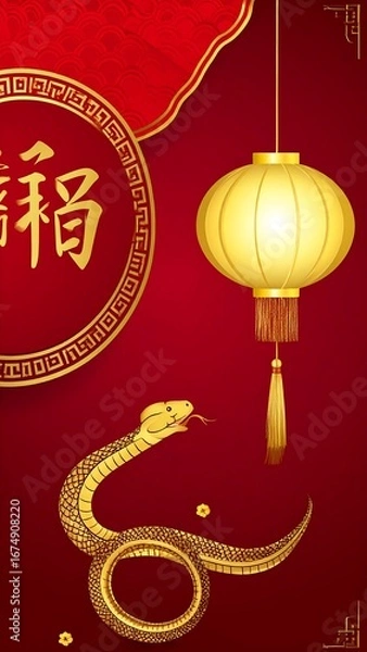 Fototapeta Chinese New Year poster with snake and lantern
