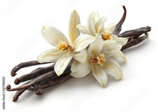 Fototapeta Vanilla pods and flowers on a white background