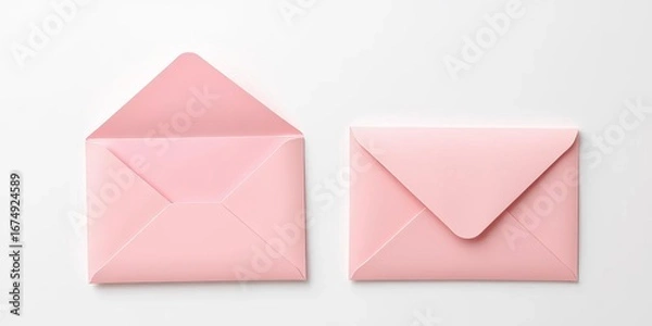 Fototapeta Two pastel pink envelopes, one open, one closed, on white,  correspondence,  card