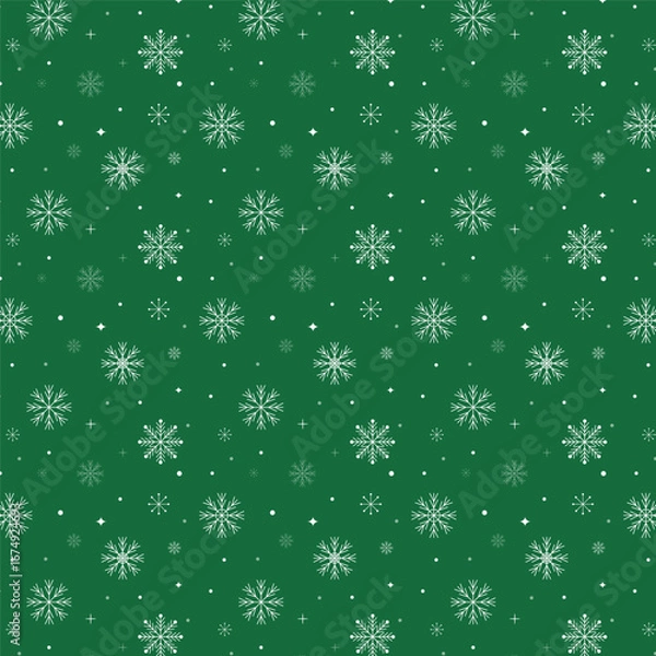 Fototapeta Christmas snowflake repeat pattern isolated on green background. Seamless pattern of white snowflakes.Winter vector wallpaper.
