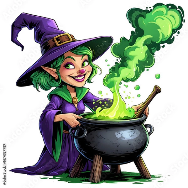Fototapeta Smiling Cartoon Witch with Green Hair Stirring Glowing Potion in Cauldron