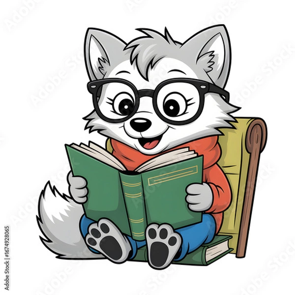 Fototapeta Cute Cartoon Fox Reading a Book While Sitting on a Stack of Books