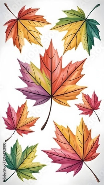 Fototapeta Colorful Autumn Maple Leaves in Variety of Shapes on White Background
