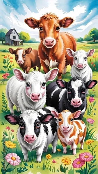 Fototapeta Group of Cute Cartoon Calves Standing in Colorful Flower Field with Blue Sky