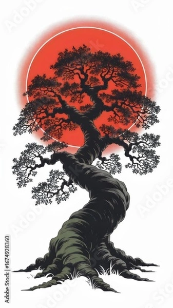 Fototapeta Stylized Twisted Bonsai Tree Silhouette with Red Rising Sun Backdrop