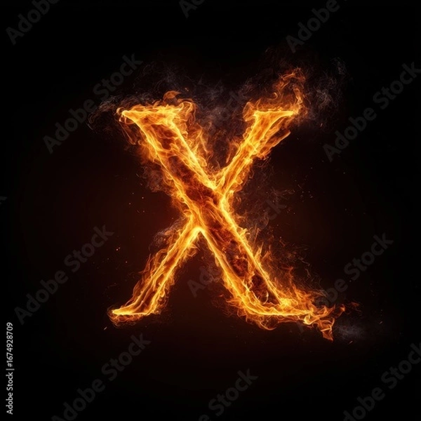 Obraz Letter X in Flames on Black Background – Realistic Fire Typography