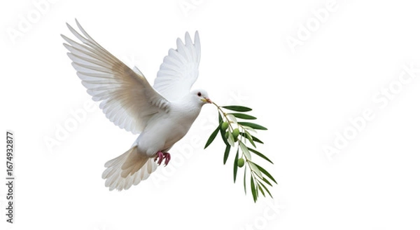 Fototapeta White dove conveying an olive branch, isolated on a clean backdrop, symbolic of aspirations for tranquility and harmony in challenging times