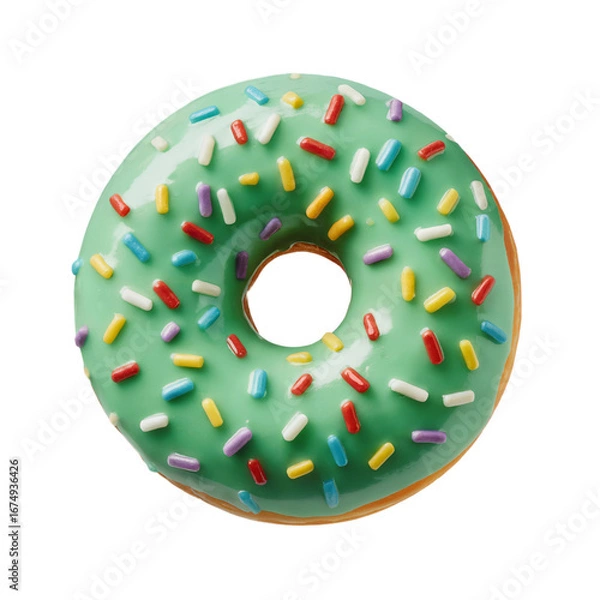 Fototapeta Green frosted donut with colorful sprinkles, isolated on transparent background