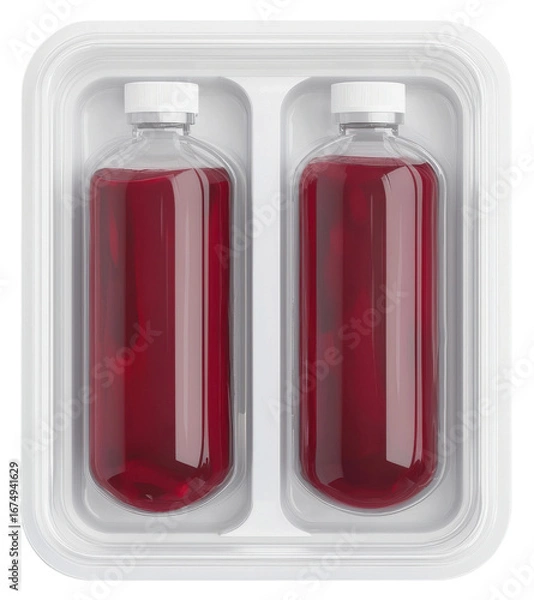 Fototapeta Two sealed bottles filled with red liquid in white plastic tray