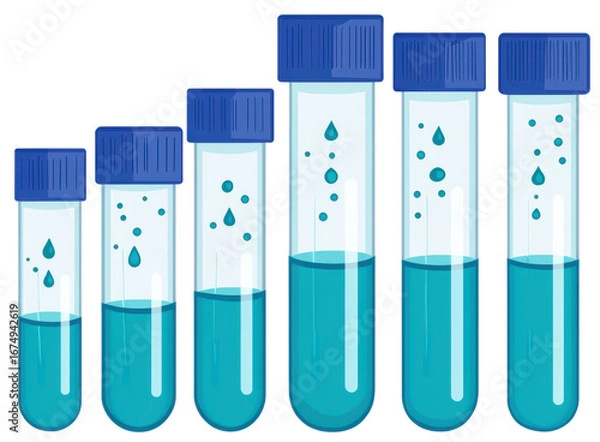 Fototapeta Test tubes with varying liquid levels and blue caps, representing scientific measurement