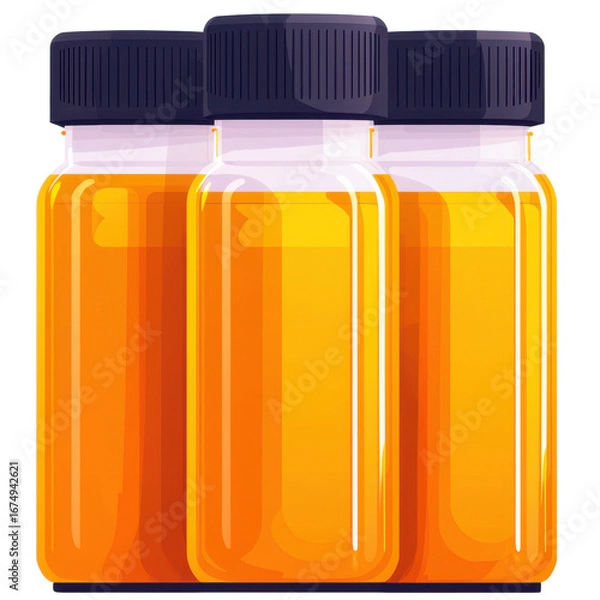 Fototapeta Three amber colored plastic bottles with dark caps, arranged in row
