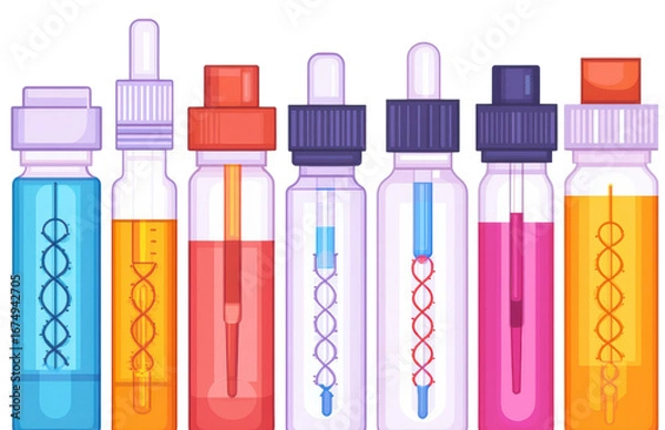 Fototapeta Colorful laboratory test tubes with DNA helix and droppers, isolated on white