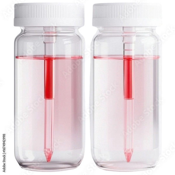 Fototapeta Two transparent laboratory bottles with red liquid and white caps