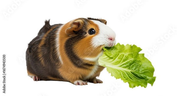 Fototapeta Delightful guinea pig munching on leafy greens against a clean white backdrop displaying vibrant fur and healthy eating habits