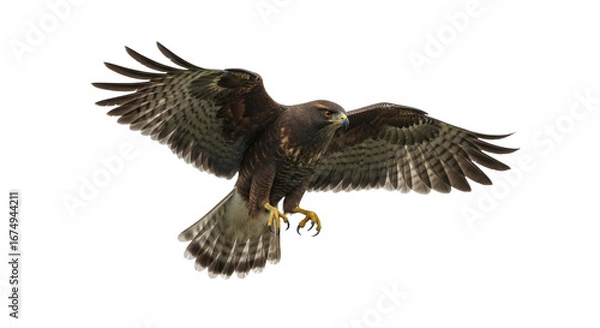 Fototapeta Majestic broad winged hawk soaring powerfully against a clear background its plumage glistening in the light highlighting its formidable talons 157