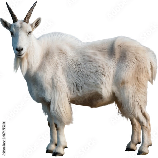 Fototapeta A majestic white mountain goat with impressive horns stands proudly on a transparent background, showcasing its thick fur and alert gaze